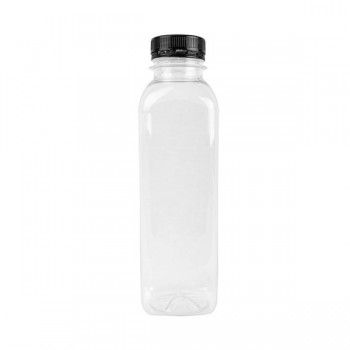 BOTELLA CILÍNDRICA TRANSPARENTE CON TAPÓN NEGRO - 500 ML