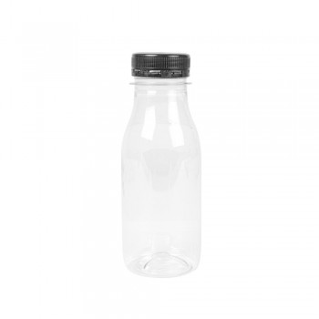 BOTELLA CILÍNDRICA TRANSPARENTE CON TAPÓN NEGRO - 250 ML