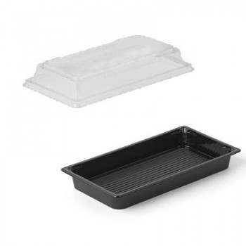 COMBO BASE NEGRA CON TAPA TRANSPARENTE PARA SUSHI & COMIDA ORIENTAL - 17x9x2+3 CM