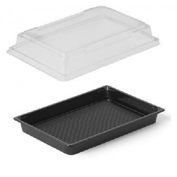 COMBO BASE NEGRA Y TAPA TRANSPARENTE PARA SUSHI & COMIDA ORIENTAL - 18,5x1,27x2+3 CM