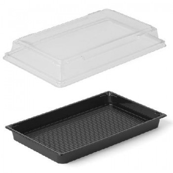 COMBO BASE NEGRA Y TAPA TRANSPARENTE PARA  SUSHI & COMIDA ORIENTAL - 21,5x13,5x1,8+32 CM