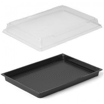 COMBO BASE NEGRA Y TAPA TRANSPARENTE PARA  SUSHI Y COMIDA ORIENTAL- 25,5x18,5x2+3 CM