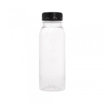 BOTELLA CILÍNDRICA TRANSPARENTE CON TAPÓN NEGRO - 250 ML