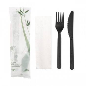 SET 3/1 CUBIERTOS NEGROS COMPOSTABLES: TENEDOR, CUCHILLO Y SERVILLETA