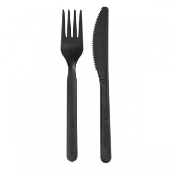 SET 3/1 CUBIERTOS NEGROS COMPOSTABLES: TENEDOR, CUCHILLO Y SERVILLETA